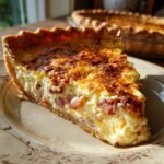 A close-up of a slice of bacon quiche on a decorative plate, showcasing a golden crust and creamy filling with bacon bits.