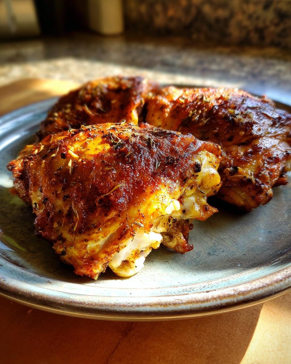 Close-up of perfectly baked chicken thighs seasoned with herbs, showcasing a crispy skin and tender meat.
