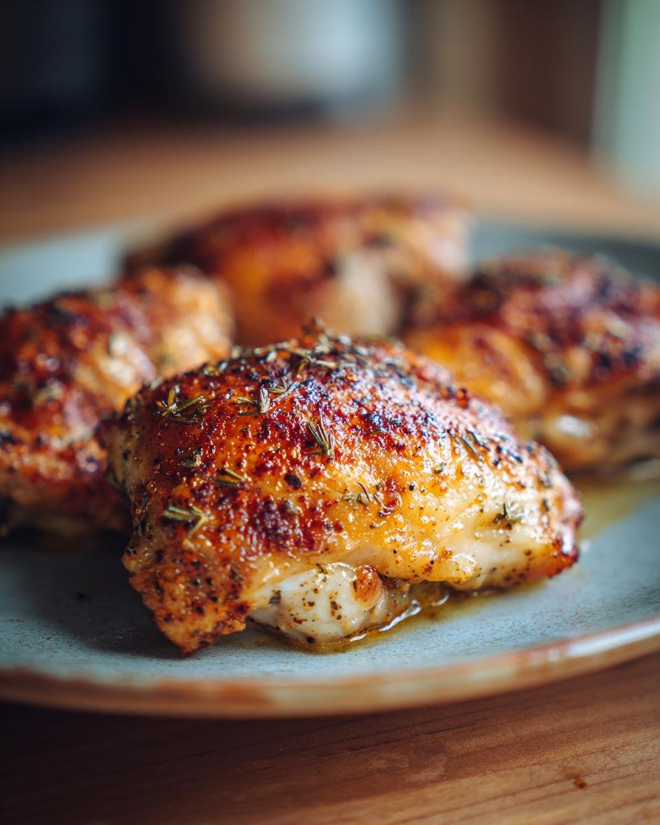 Close-up of perfectly baked chicken thighs, seasoned with herbs and spices, on a plate.