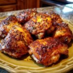 A close-up of a plate piled high with perfectly baked, crispy chicken thighs seasoned with herbs and spices.