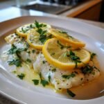A close-up of a perfectly baked cod fillet topped with lemon slices and fresh parsley, a delicious addition to cod recipes.