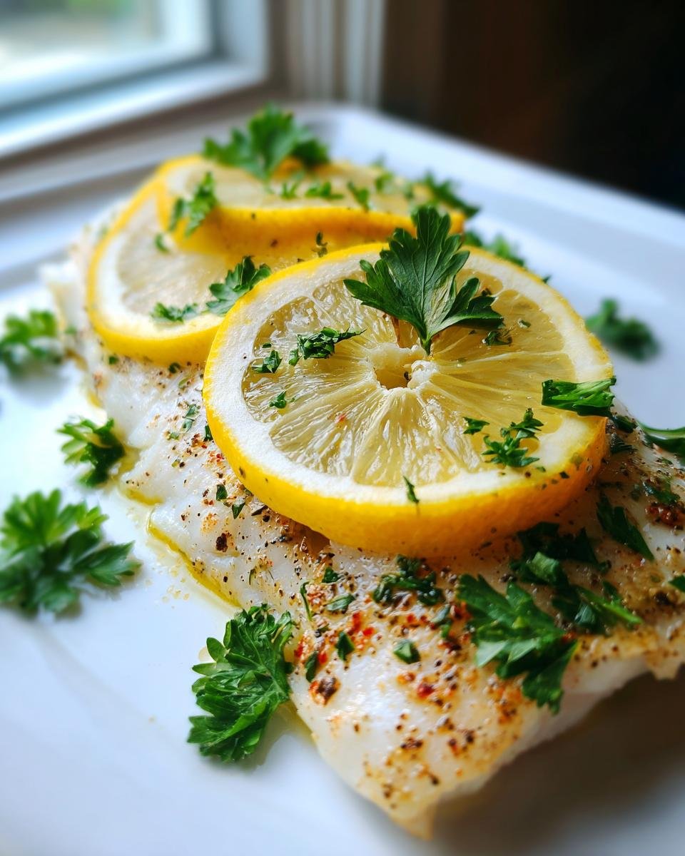 Close-up of baked cod fillets topped with lemon slices and fresh parsley, seasoned with herbs and spices.