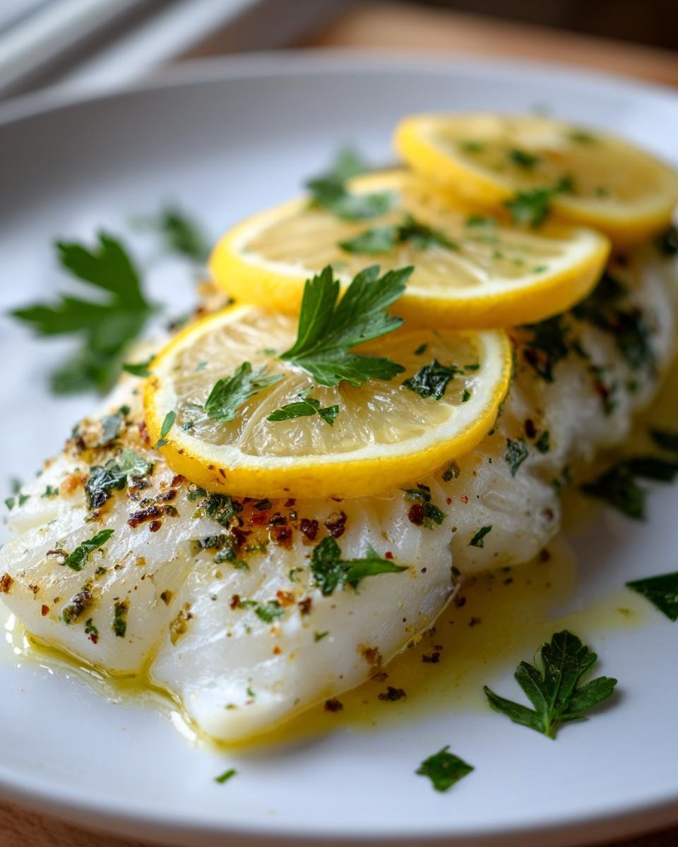 A beautifully baked cod fillet topped with fresh lemon slices and chopped parsley, part of quick cod recipes.