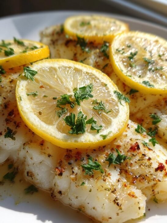 Close-up of flaky baked cod fillets topped with lemon slices and fresh parsley, part of quick cod recipes.