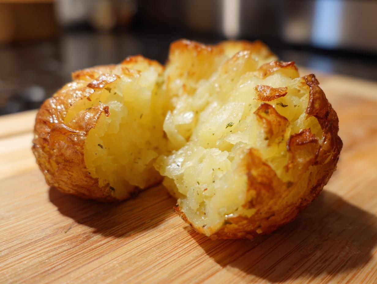 A close-up of a crispy baked potato, split open to reveal fluffy insides, seasoned with herbs, perfect side for a beef and broccoli recipe.