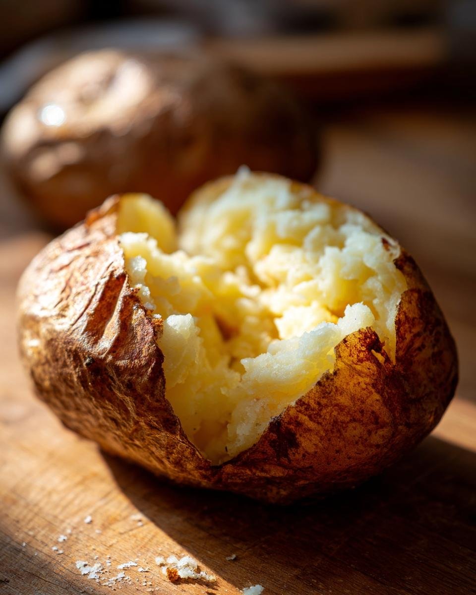 Close-up of a perfectly baked potato, split open to reveal fluffy, steamy insides. This is an amazing baked potato recipe.
