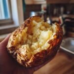 A perfectly baked potato, split open to reveal fluffy, steaming insides. This is a great baked potato recipe.