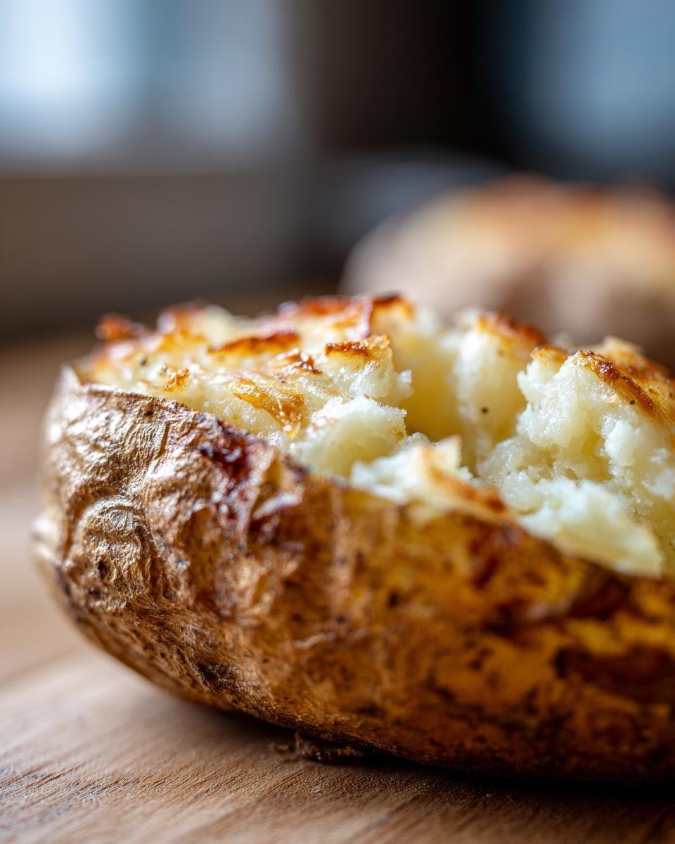 Close-up of a perfectly baked potato, split open to reveal fluffy white potato inside.