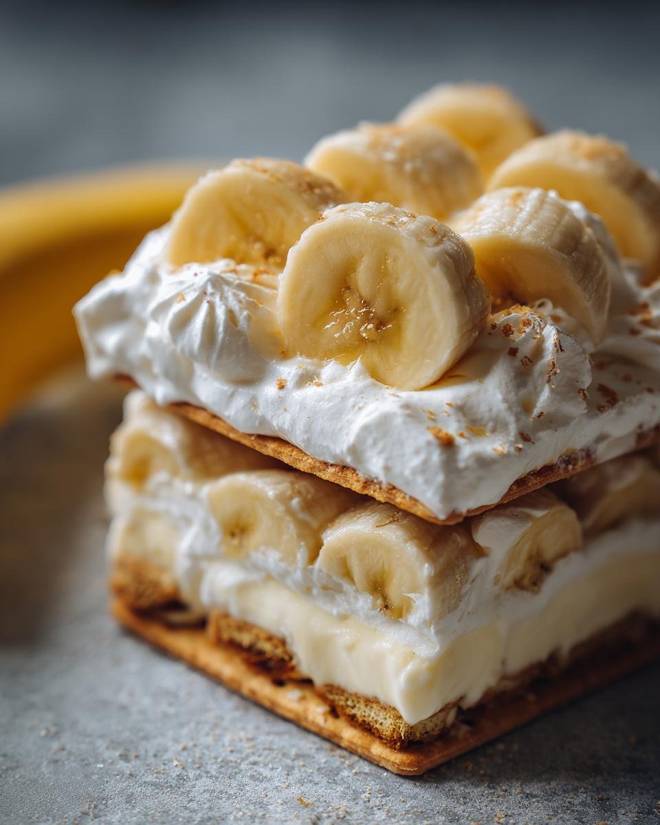 A close-up of a layered banana pudding recipe slice with whipped cream and fresh banana slices.