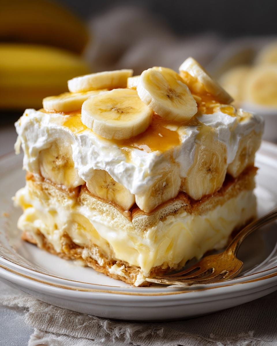 A close-up of a slice of banana pudding recipe, layered with vanilla pudding, bananas, and whipped cream.