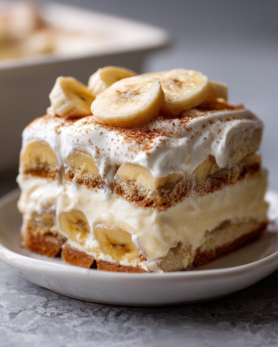 A close-up of a slice of banana pudding recipe, layered with cookies, pudding, and fresh banana slices, topped with whipped cream and cinnamon.
