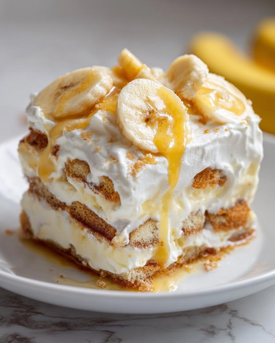 A close-up of a slice of banana pudding recipe, layered with cookies, pudding, and whipped cream, topped with fresh banana slices and syrup.
