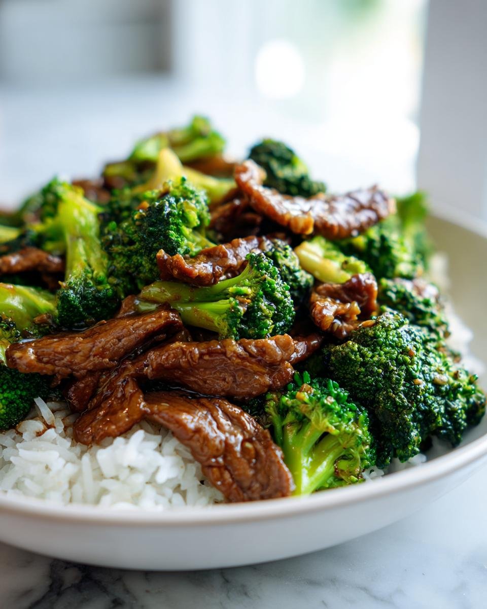 A close-up of a bowl filled with fluffy white rice topped with tender slices of beef and vibrant green broccoli florets in a glossy sauce.