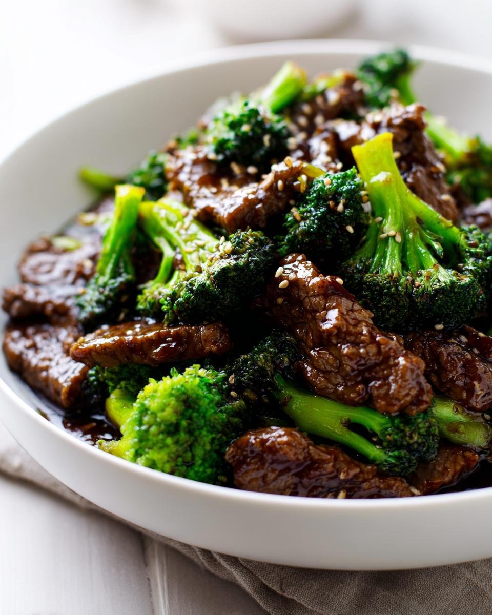 A close-up of a white bowl filled with a glossy beef and broccoli recipe, garnished with sesame seeds.