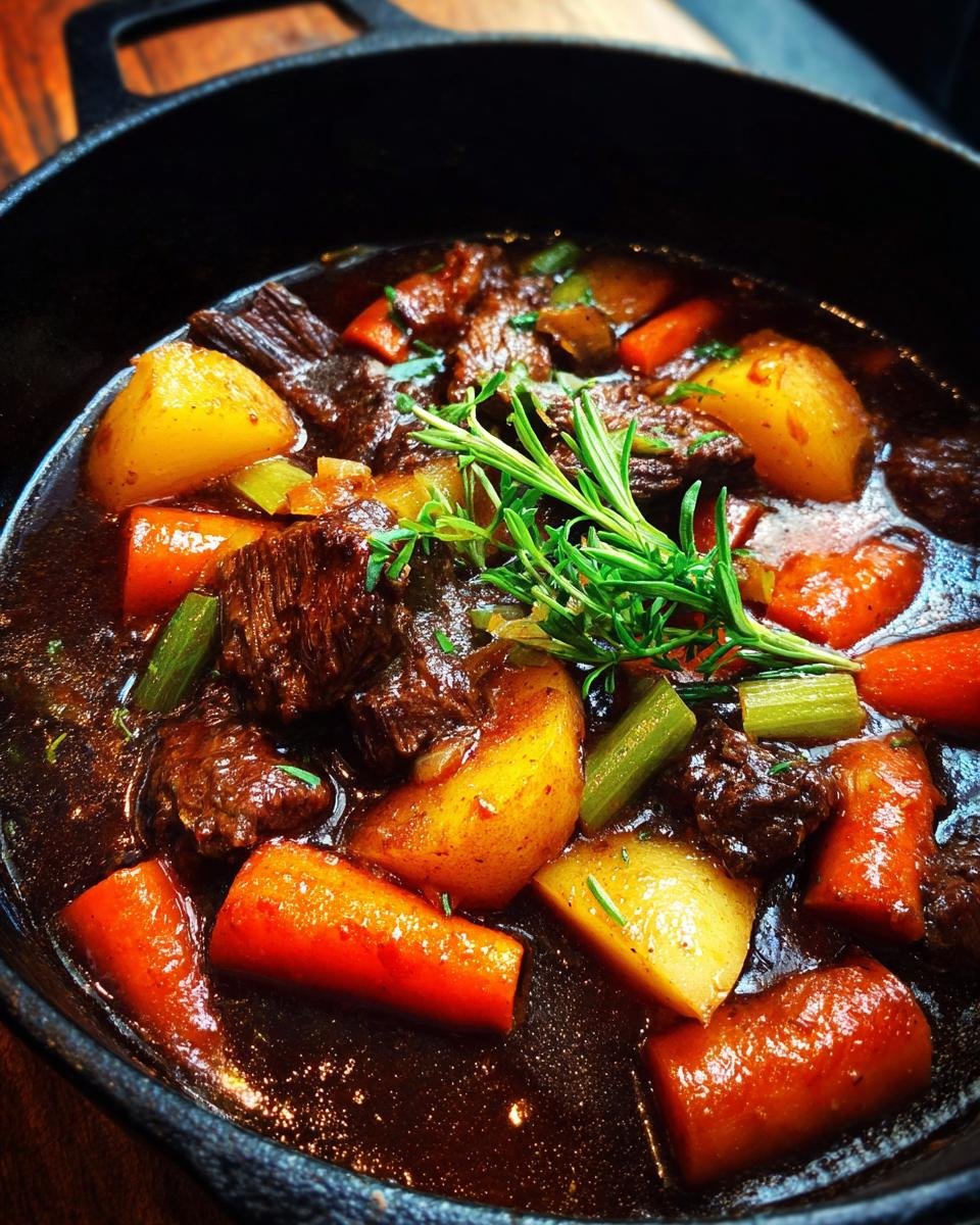 Close-up of a hearty beef stew recipe in a cast iron pot, featuring tender chunks of beef, carrots, potatoes, and celery, garnished with rosemary.