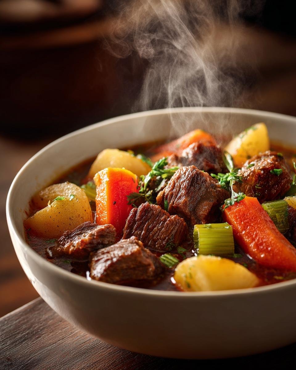 A steaming bowl of beef stew recipe, featuring tender chunks of beef, potatoes, carrots, and celery in a rich broth.