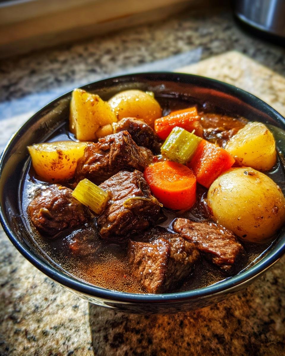 Close-up of a bowl filled with a delicious beef stew recipe, featuring tender chunks of beef, potatoes, carrots, and celery in a rich broth.