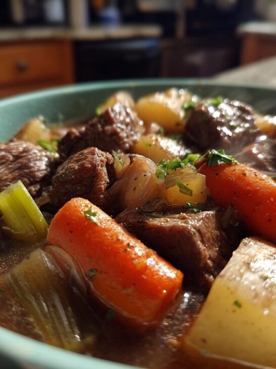 Close-up of a steaming bowl of beef stew recipe, featuring tender chunks of beef, carrots, potatoes, and celery in a rich broth.