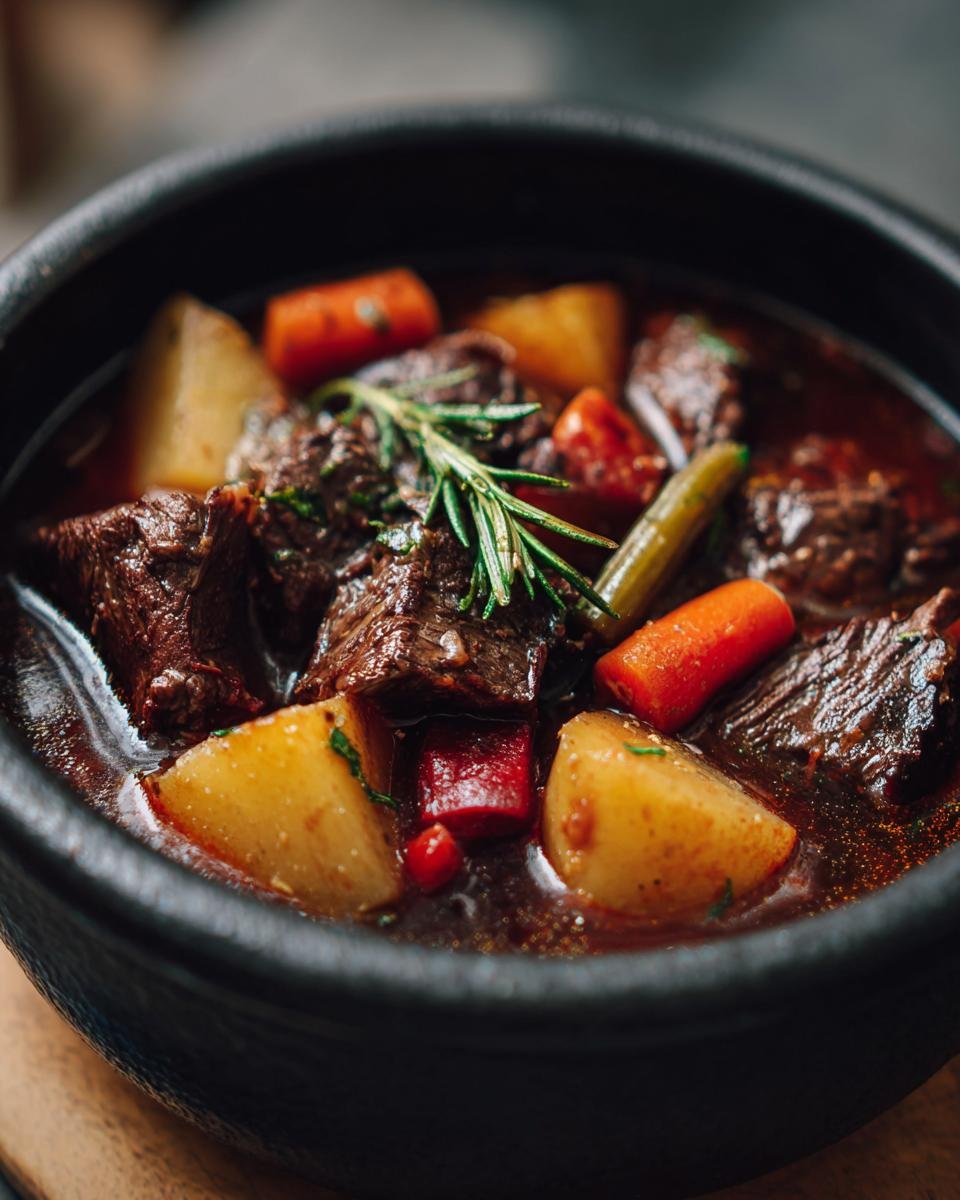 Close-up of a hearty beef stew recipe in a black bowl, featuring tender chunks of beef, potatoes, carrots, and a rosemary sprig.