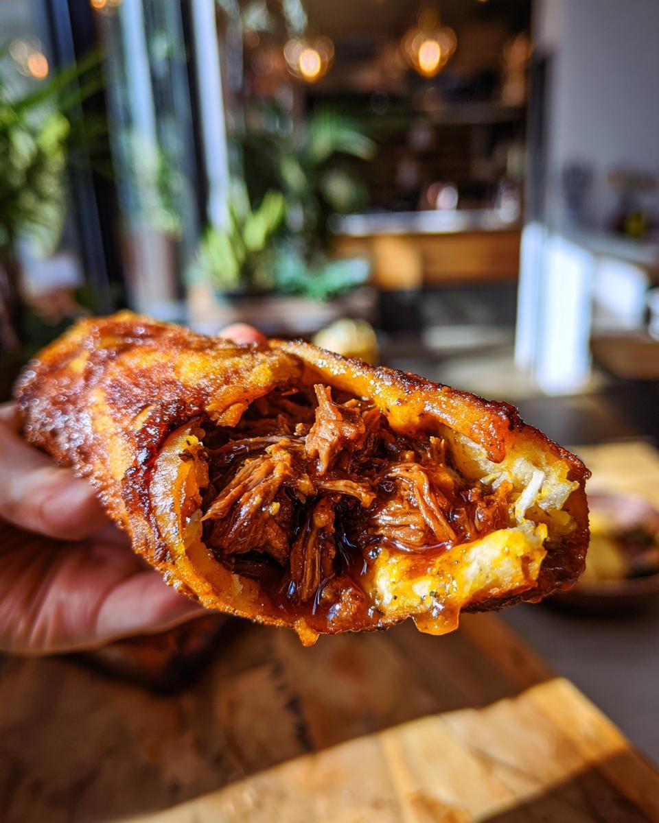 Close-up of a hand holding a birria taco, revealing tender shredded beef and melted cheese.