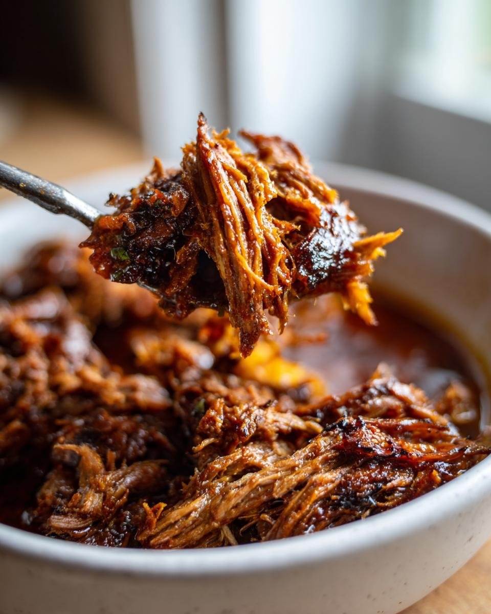 Close-up of tender, shredded beef being lifted from a bowl, perfect for birria tacos recipe.