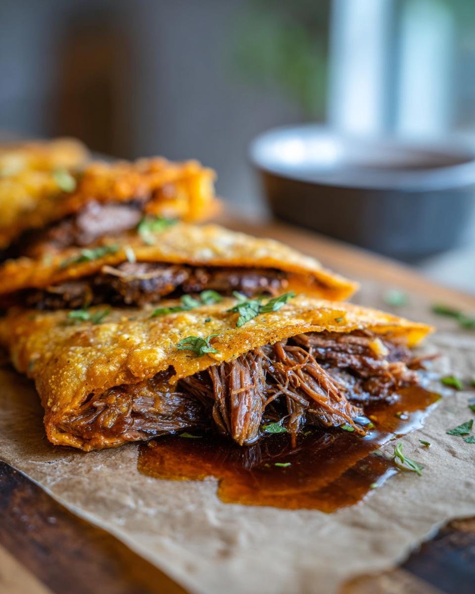 Close-up of a delicious birria tacos recipe, featuring crispy tortillas filled with tender, shredded beef and garnished with cilantro.