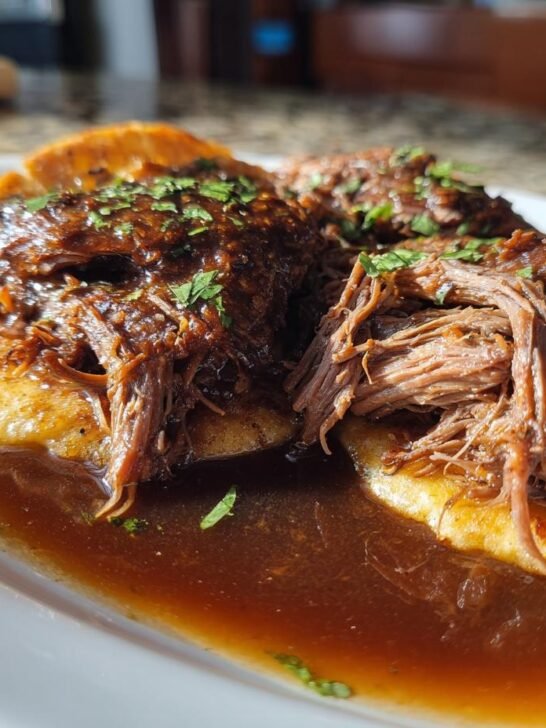 Close-up of tender, shredded beef for birria tacos recipe, served with consomm&eacute; and garnished with cilantro.