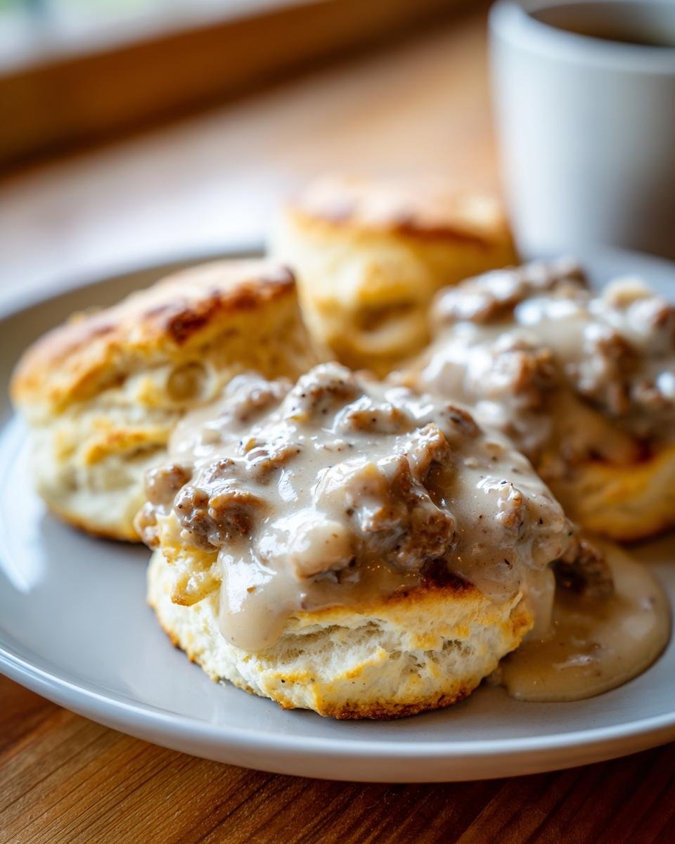 Close-up of fluffy biscuits smothered in creamy sausage gravy, a classic biscuits and gravy recipe.