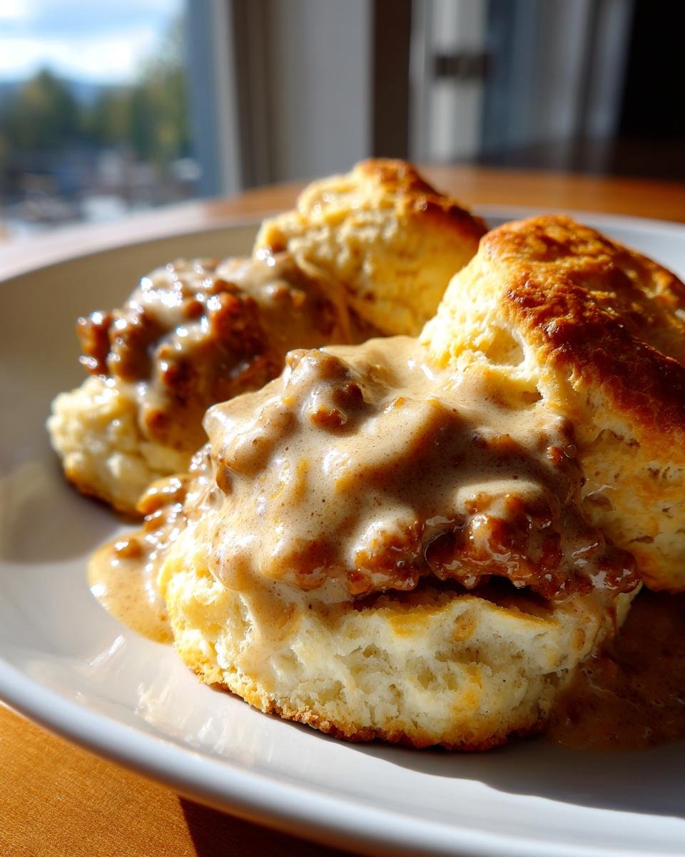 Close-up of fluffy biscuits smothered in creamy sausage gravy, a classic biscuits and gravy recipe.