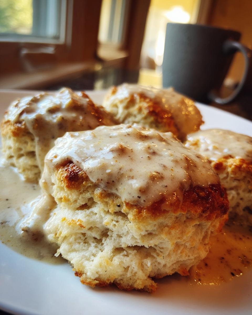 A close-up of several fluffy biscuits smothered in creamy sausage gravy, part of a biscuits and gravy recipe.