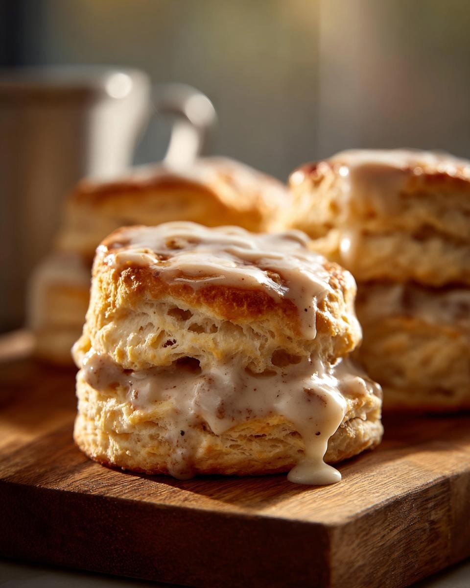 Close-up of fluffy biscuits covered in creamy gravy, a perfect serving for a biscuits and gravy recipe.