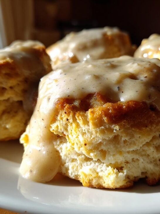 Close-up of fluffy biscuits generously topped with creamy gravy, part of a biscuits and gravy recipe.