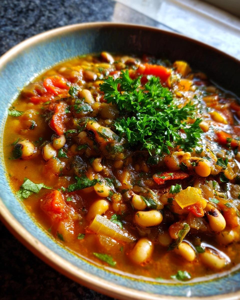 Close-up of a comforting bowl of black eyed peas recipe with tomatoes, herbs, and parsley garnish.