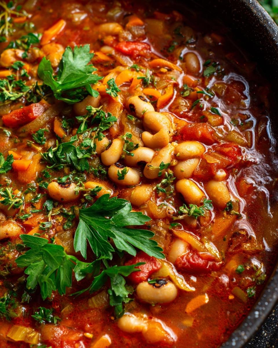 Close-up of a rich, savory black eyed peas recipe simmered with tomatoes, carrots, and fresh herbs.