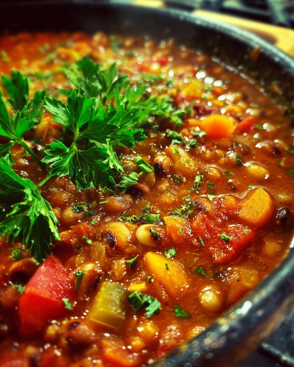 Close-up of a delicious black eyed peas recipe simmering in a pot, garnished with fresh parsley.