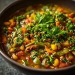 Close-up of a delicious black eyed peas recipe, a hearty stew with vegetables and herbs.