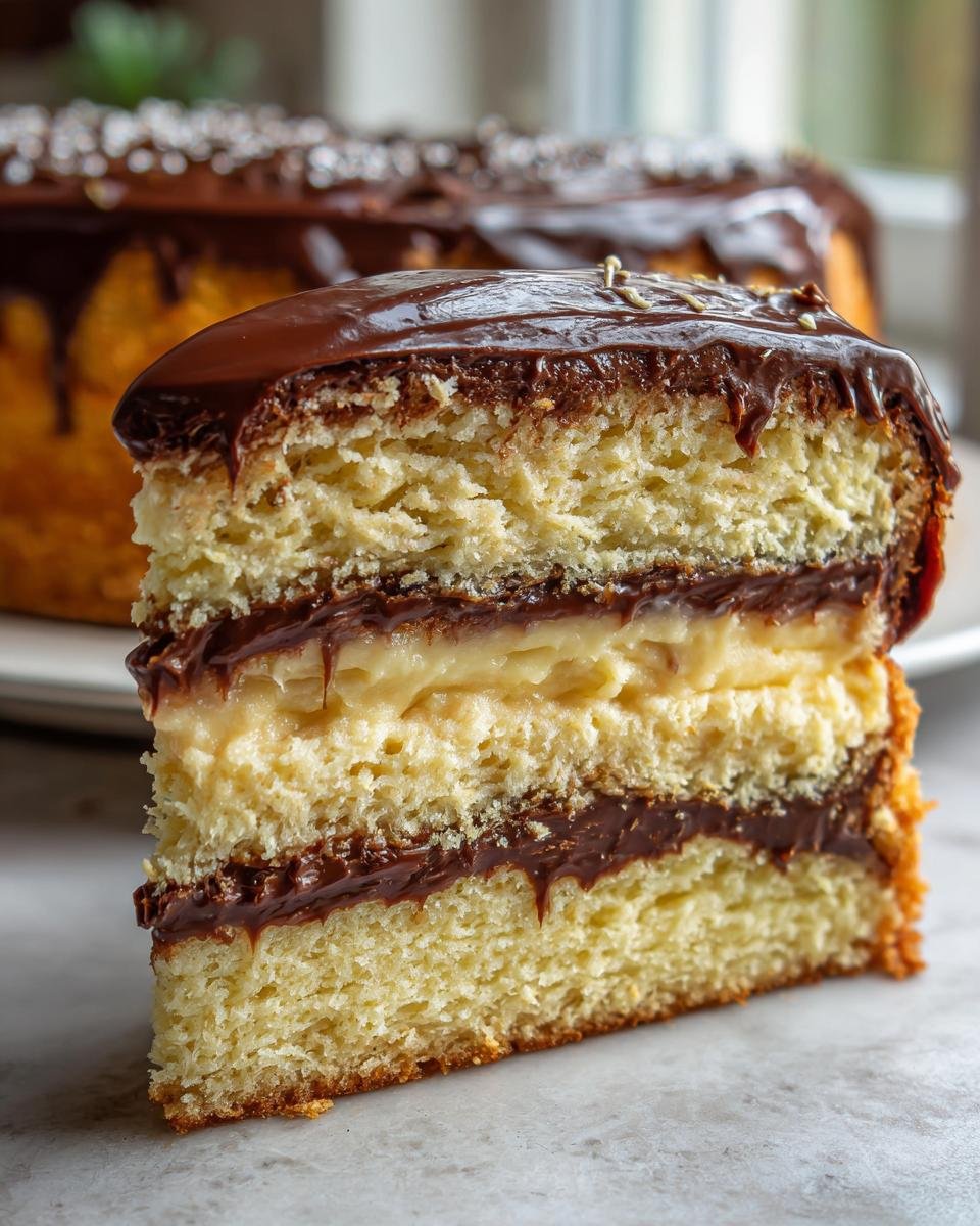 A generous slice of Irresistible Boston Cream Pie, showcasing layers of vanilla cake, pastry cream, and chocolate ganache.