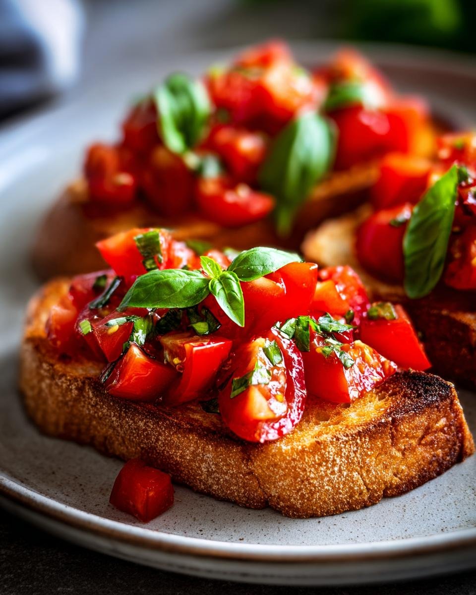 Close-up of a perfectly toasted bread slice topped with diced tomatoes, fresh basil, and herbs for a bruschetta recipe.