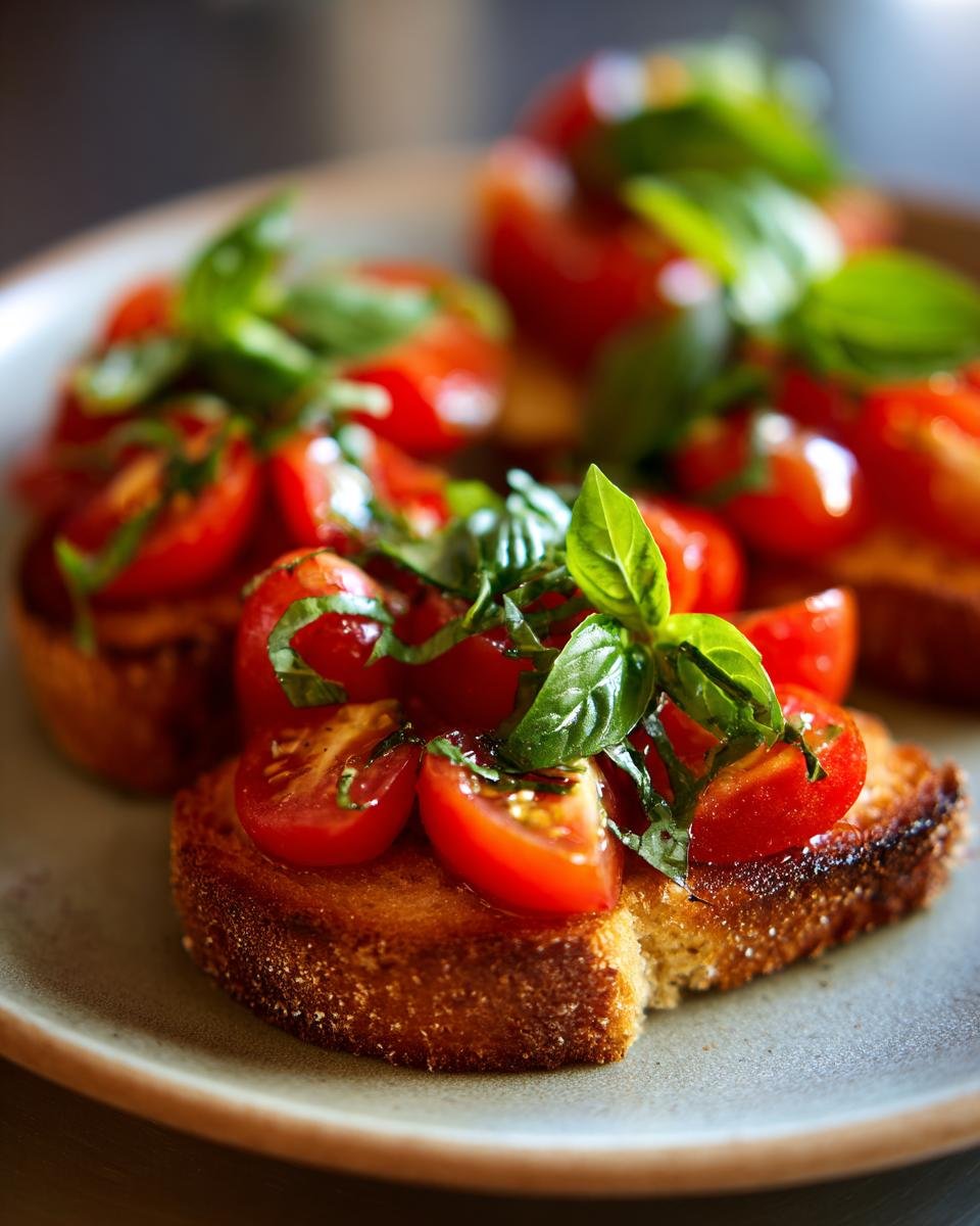 Close-up of a delicious bruschetta recipe topped with fresh tomatoes and basil leaves on toasted bread.
