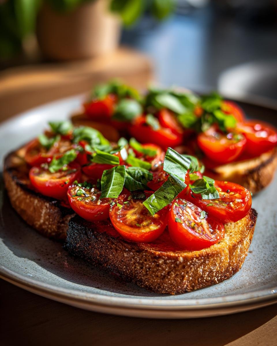 Close-up of toasted bread topped with halved cherry tomatoes and fresh basil, showcasing a perfect bruschetta recipe.