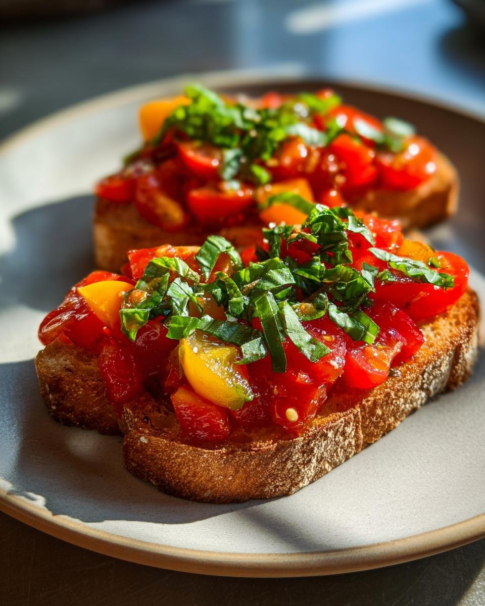 Two slices of toasted bread topped with fresh diced tomatoes, basil, and a drizzle of olive oil, showcasing a perfect bruschetta recipe.