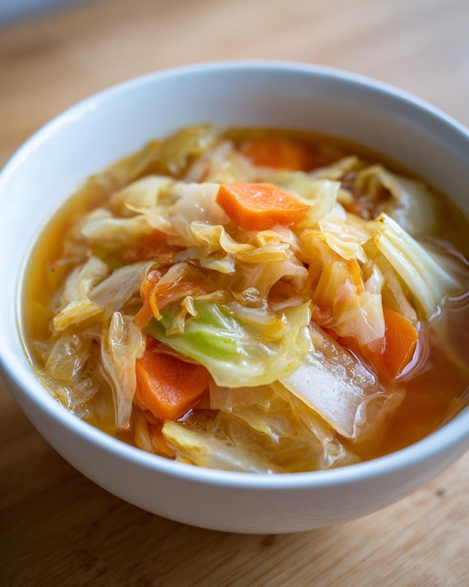 A close-up of a white bowl filled with a hearty cabbage soup recipe, featuring tender cabbage and carrots in a flavorful broth.