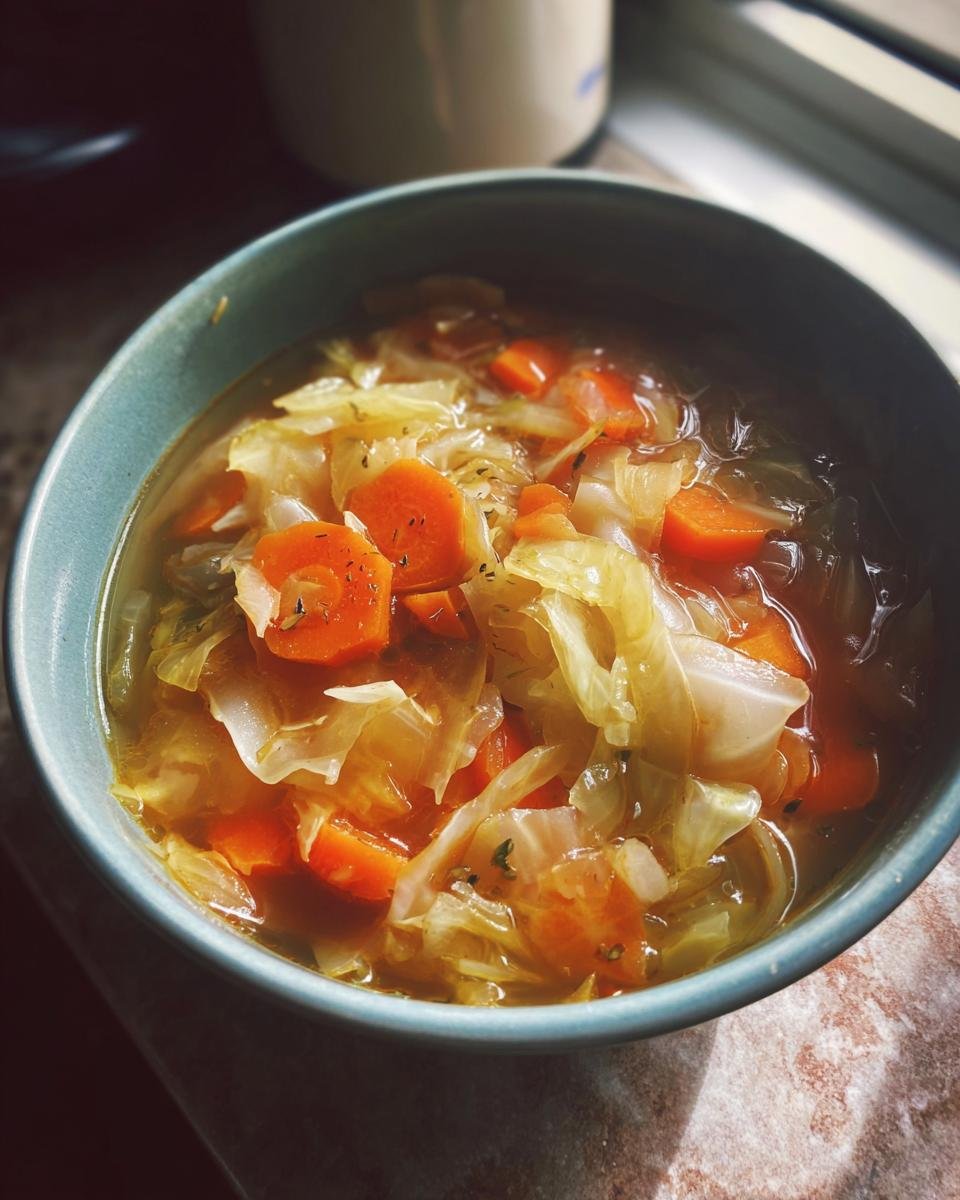 A close-up of a bowl filled with a hearty cabbage soup recipe, featuring tender cabbage and vibrant carrot slices.