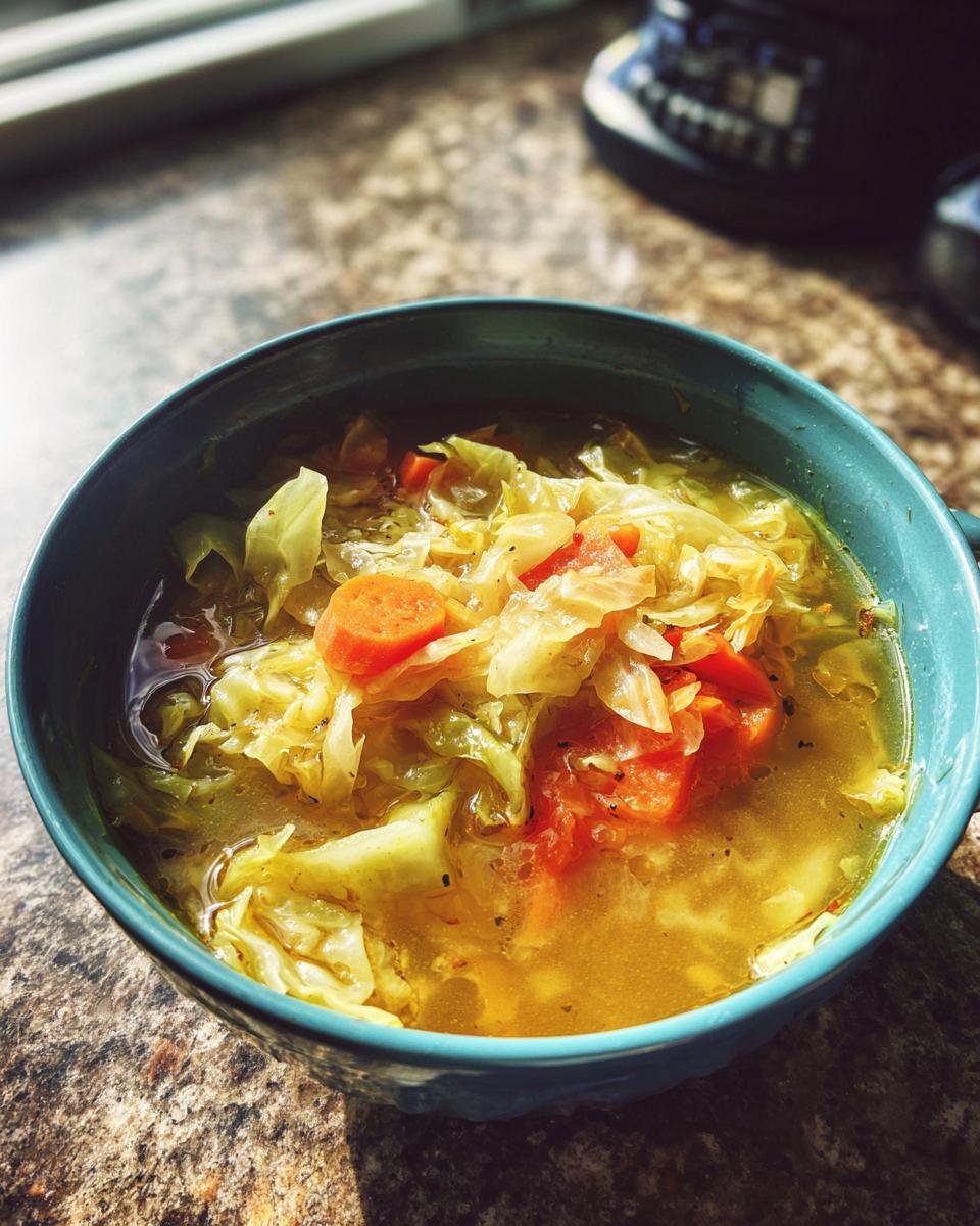 A close-up of a blue bowl filled with a comforting cabbage soup recipe, featuring tender cabbage, carrots, and tomatoes in a savory broth.