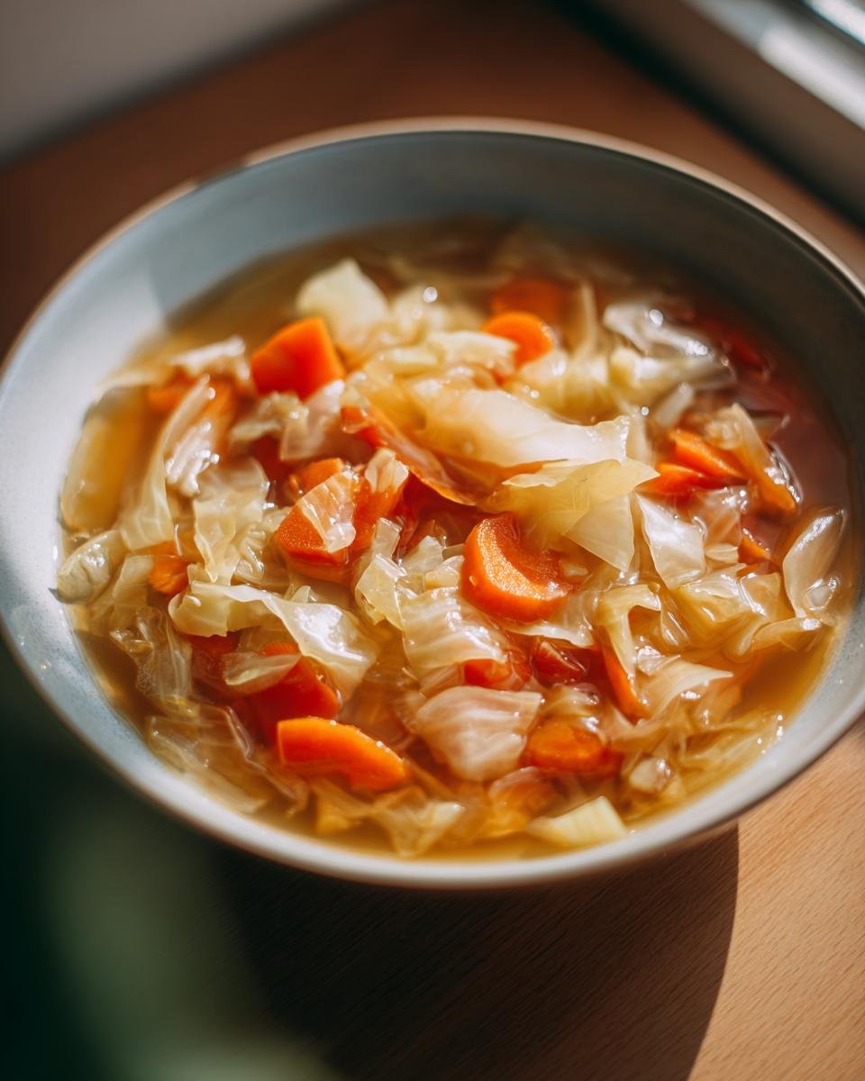 A close-up of a bowl filled with a comforting cabbage soup recipe, featuring tender cabbage and sliced carrots in a flavorful broth.