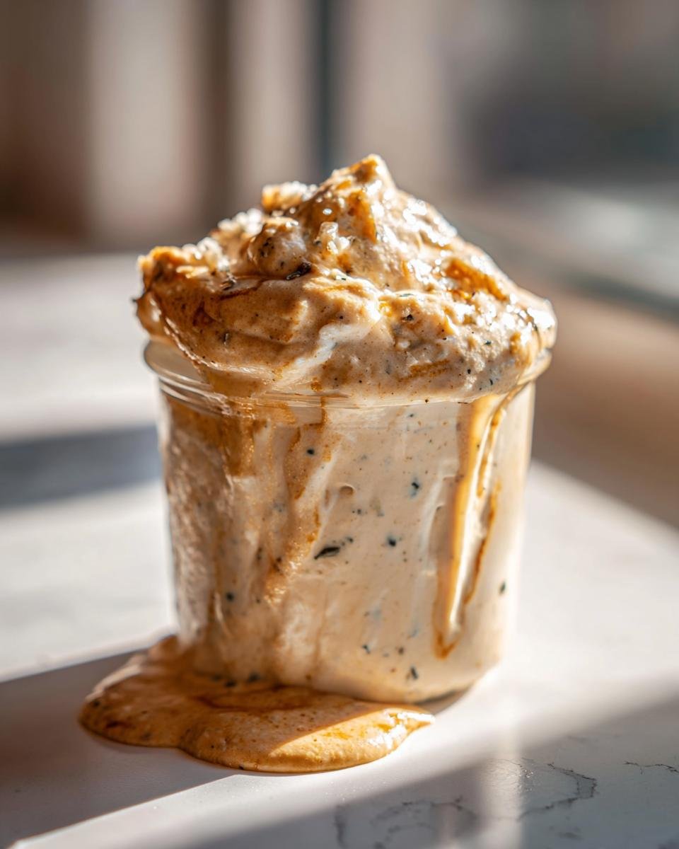 A close-up of a jar filled with creamy homemade caesar dressing recipe, with some spilling over the edge.