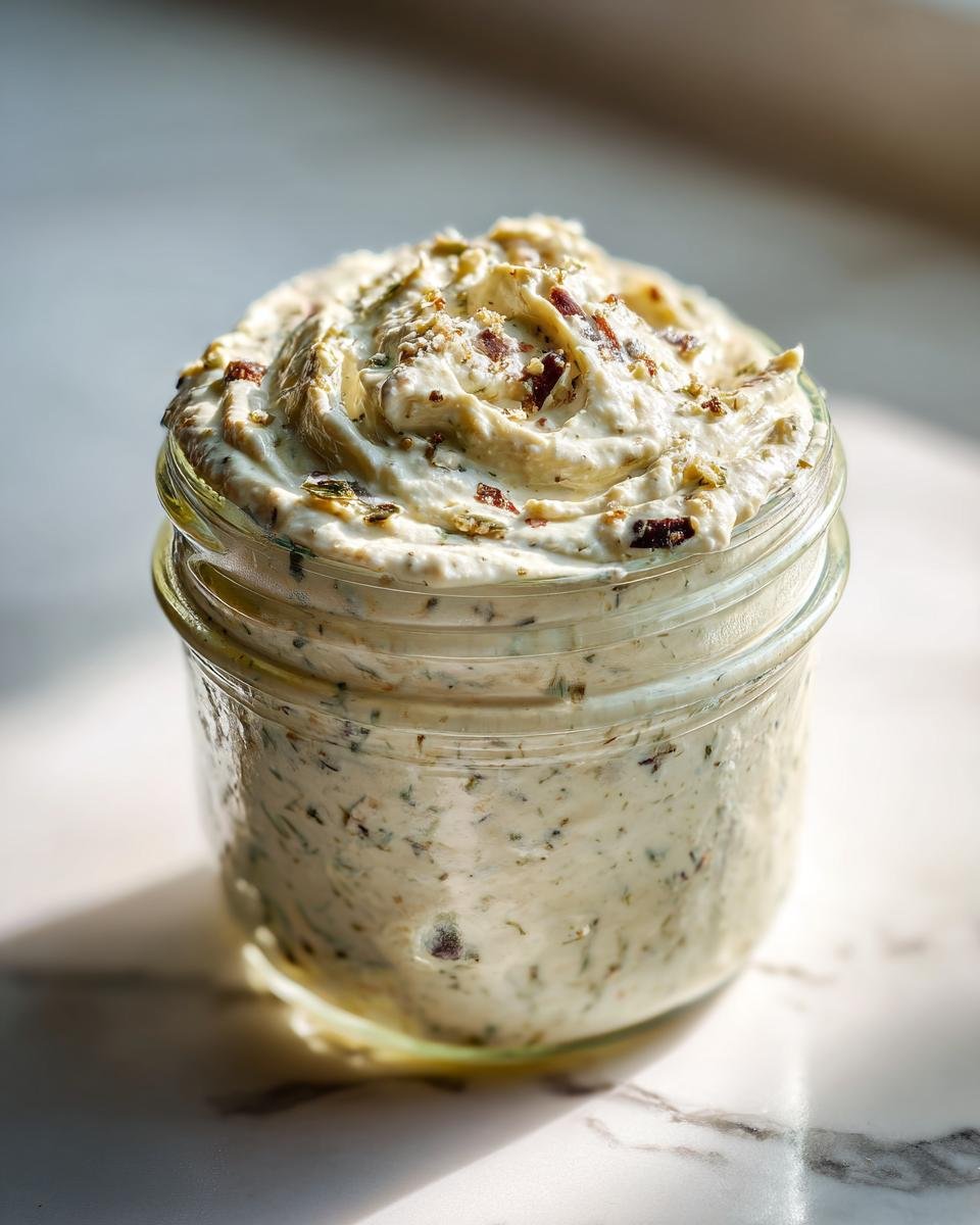 A jar filled with creamy homemade caesar dressing recipe, topped with herbs and bacon bits.