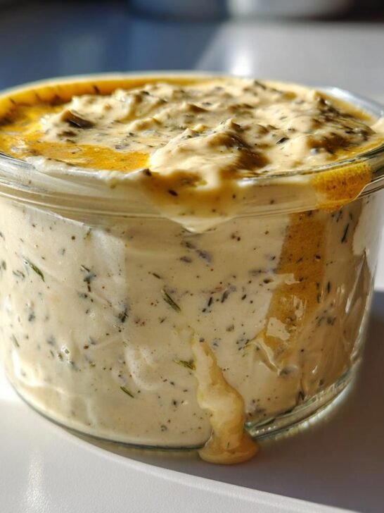 Close-up of a glass jar filled with creamy homemade caesar dressing recipe, with herbs and spices visible.