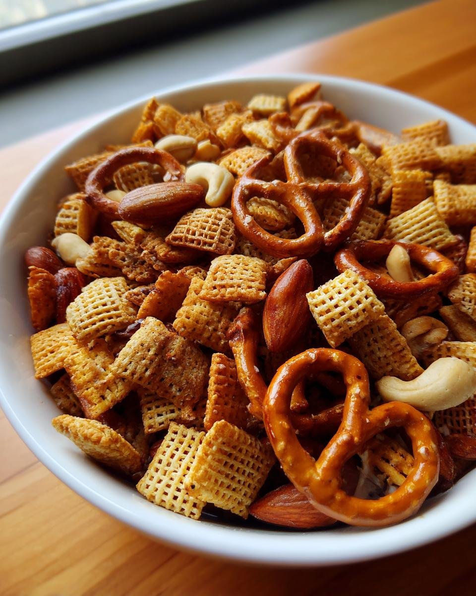 A close-up of a white bowl filled with a homemade Chex Mix recipe, featuring Chex cereal, pretzels, almonds, and cashews.