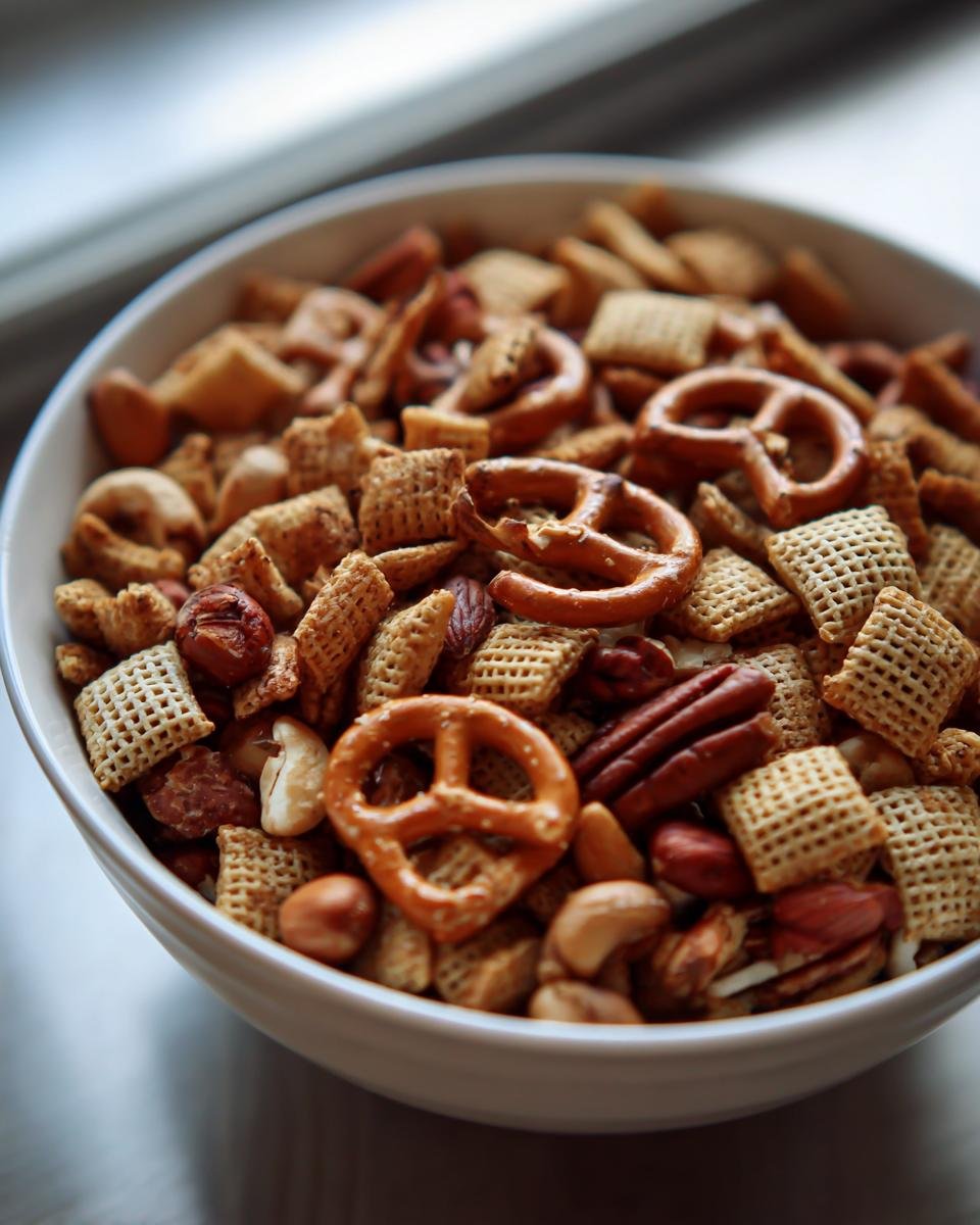 A close-up of a white bowl filled with a crunchy Chex Mix recipe, featuring pretzels, nuts, and cereal.
